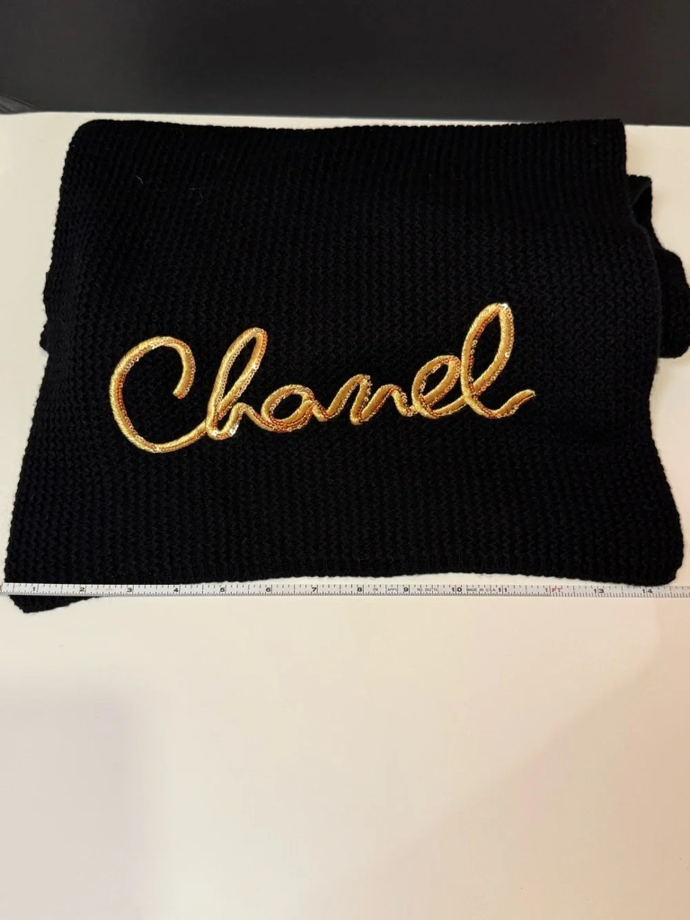 CHANEL Black Cashmere Logo Scarf Embroidered Sequin Cursive Logo-Season 2022